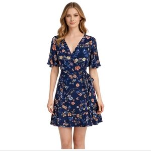 Lumiere Blue Floral Wrap Dress Size S V-Neck Flutter Sleeve Boho